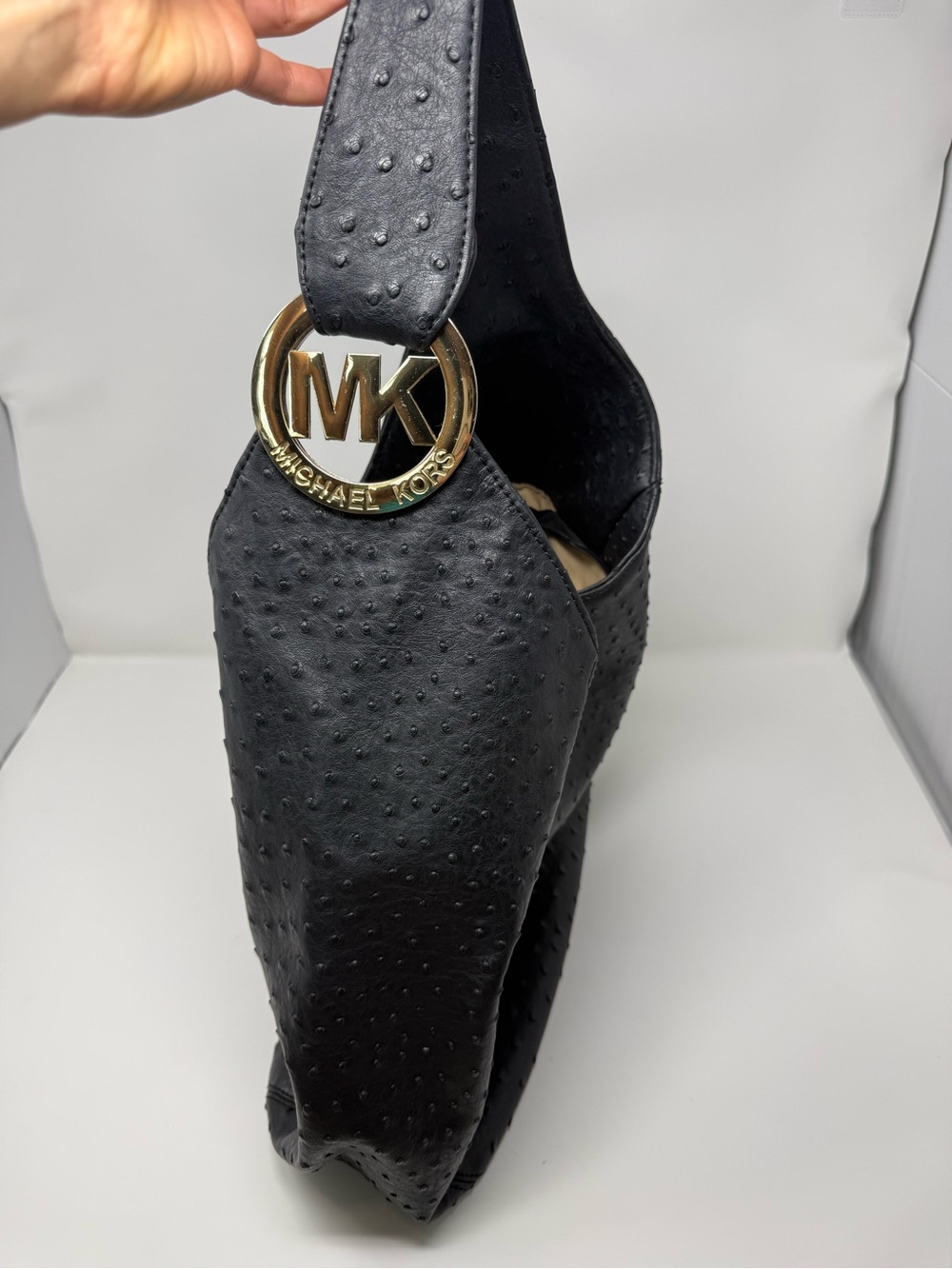 Michael Kors Black Ostrich Leather Hobo Bag Gold MK Logo Shoulder Purse - Picture 7 of 14